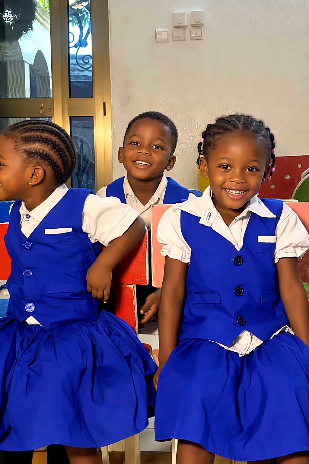 Élèves de Potters School en uniforme bleu